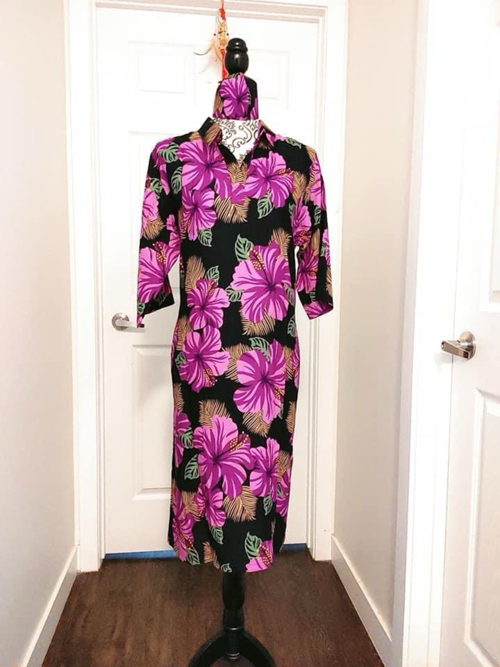 Black Dress with Pink Floral Print Long Sleeve Midi Dress
